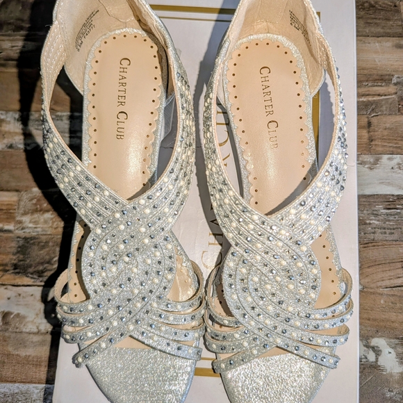 Charter Club Size 6.5 Silver Flats With Rhinestone Faux Pearl Embellished Formal - Picture 5 of 8